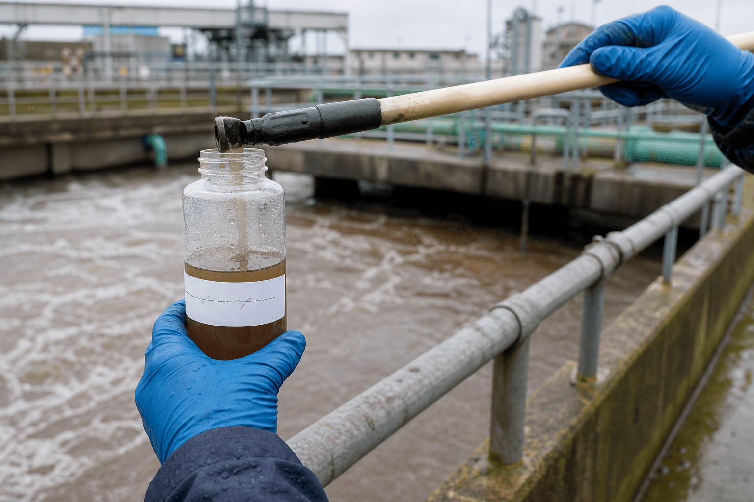 Field scientist collecting a wastewater sample