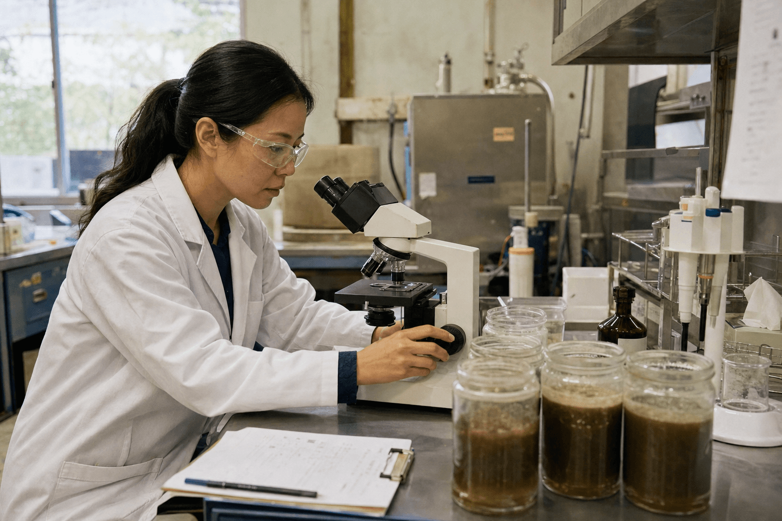 Environmental scientist examining activated sludge samples in a working laboratory