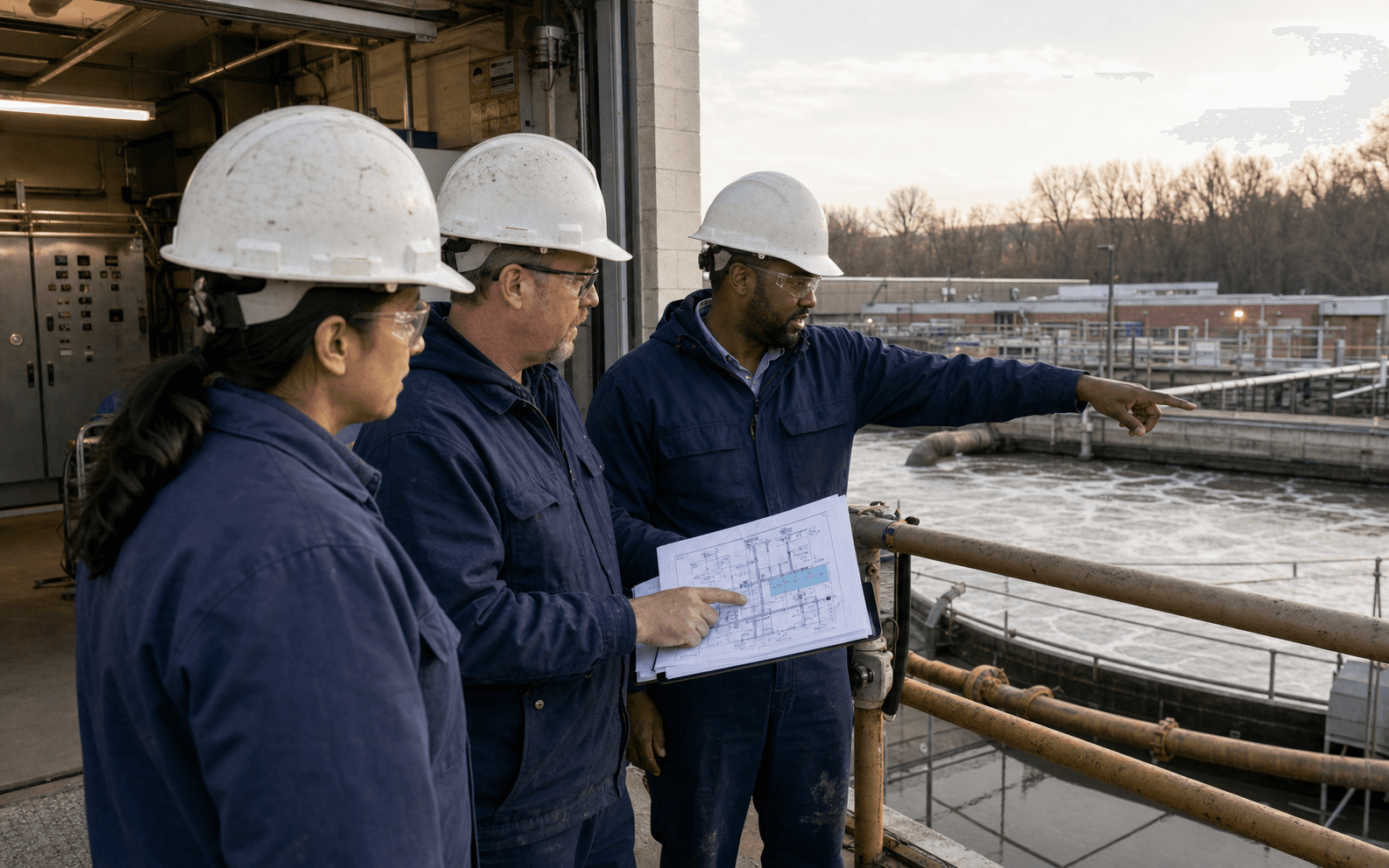 Wastewater operators reviewing process conditions on site