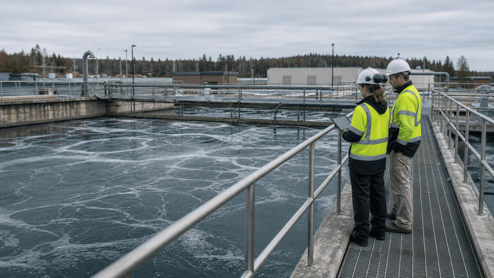 Wastewater engineers inspecting an aeration basin at an operating treatment facility